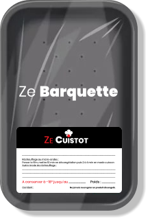 ZE CUISTOT Poids : ……………….. A conserver à -18° jusqu’au …………………….  Réchauffage au micro-ondes : Percer le film, mettre 10 min en décongélation puis 2 à 4 min en mode cuisson Autre mode de réchauffage : ………………………………………………………………………………………………………………..……………..…. ………………………………………………………………………………………………………………..……………..….  Ne jamais recongeler un produit décongelé.  ………………………………………………………………………………………………………………..……………..…. Contient :  Ze Barquette